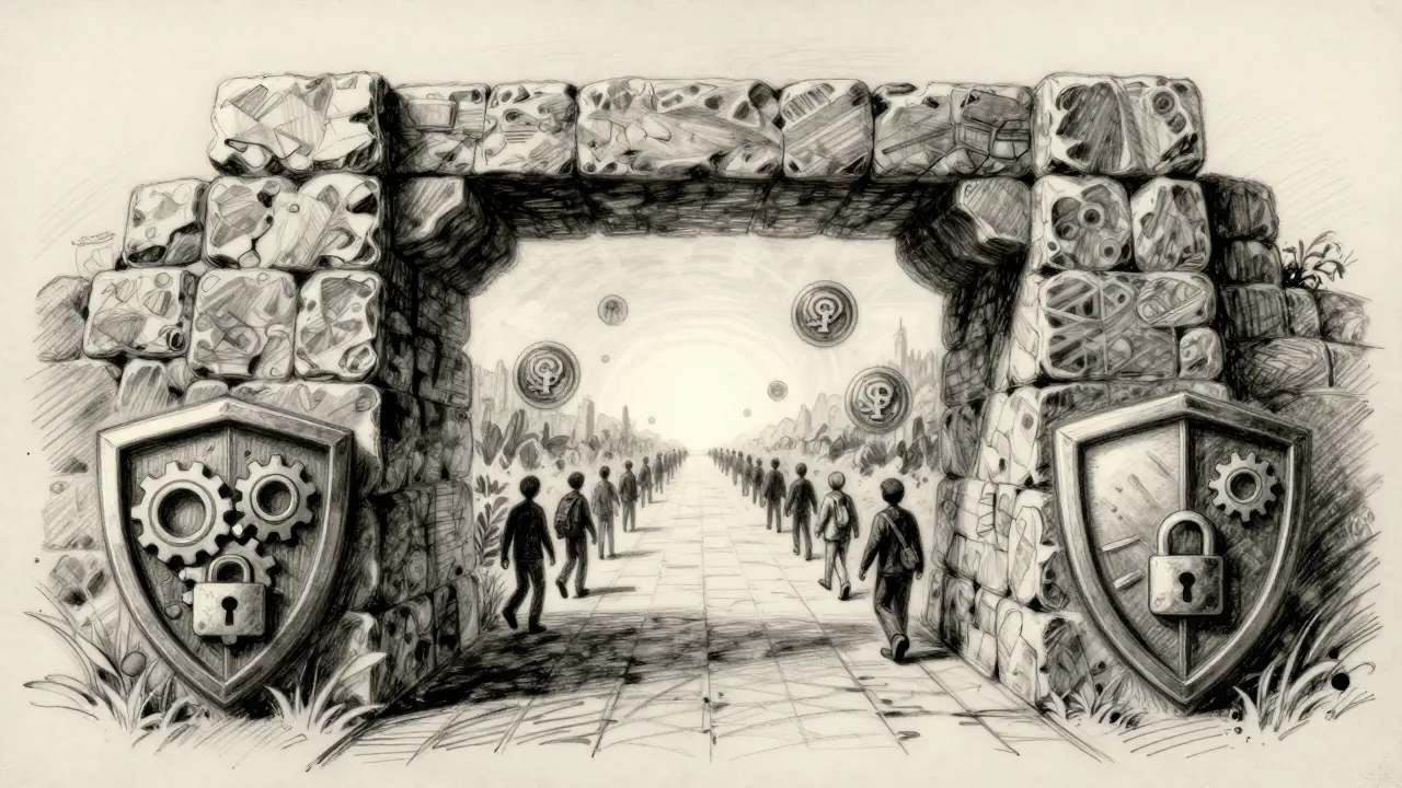 Charcoal illustration of users crossing a secure bridge on Polygon Layer 2