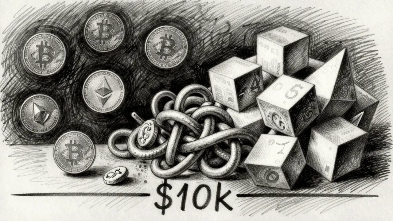 Charcoal illustration showing crypto and fiat currencies merging to trigger reporting thresholds.