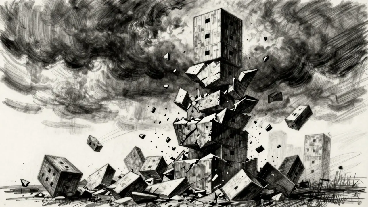 Charcoal sketch of a crumbling tower symbolizing DeFi systemic risk