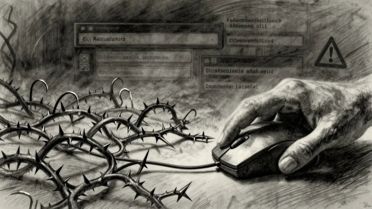 Charcoal sketch of a hand reaching for a mouse connected to thorny vines, symbolizing online phishing traps.