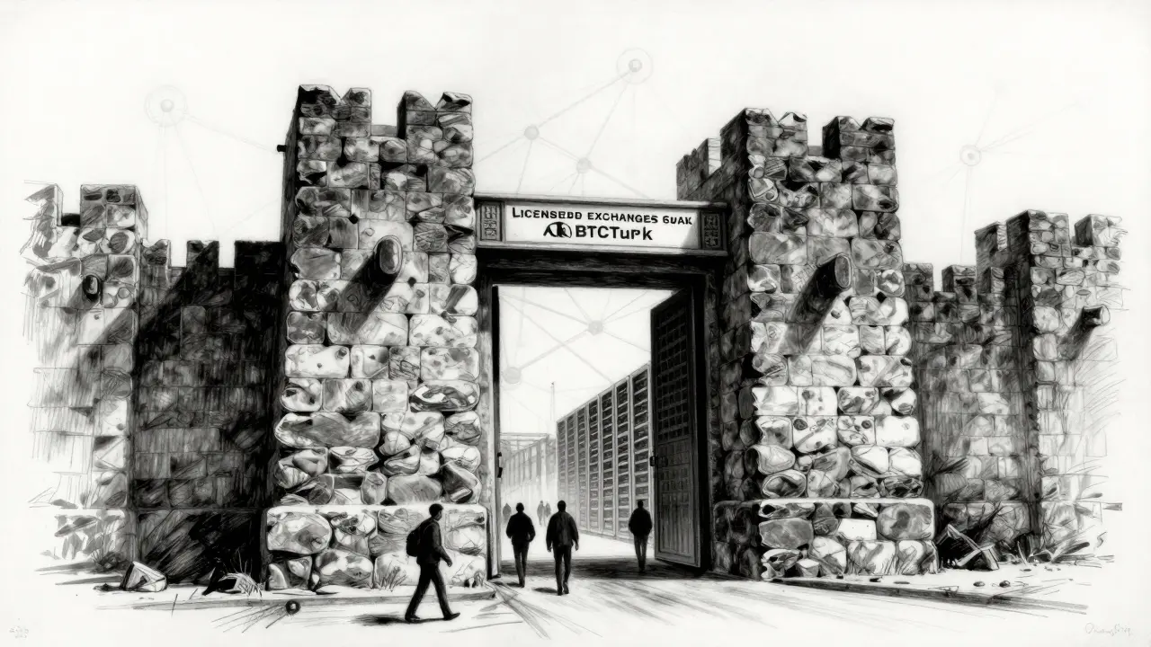 Charcoal sketch of a heavy stone gate blocking access to digital exchange servers.