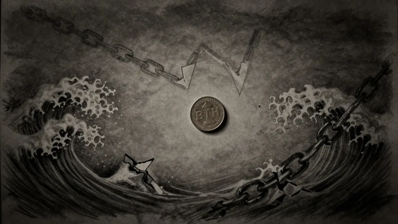 Charcoal sketch of a lone coin surrounded by symbols of financial crash.