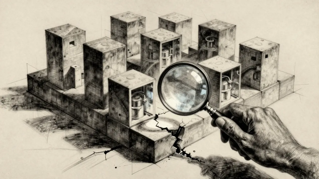 Charcoal sketch of a network structure being inspected with a magnifying glass