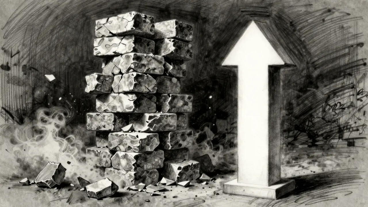 Charcoal sketch of a single pillar replacing crumbling contract stacks