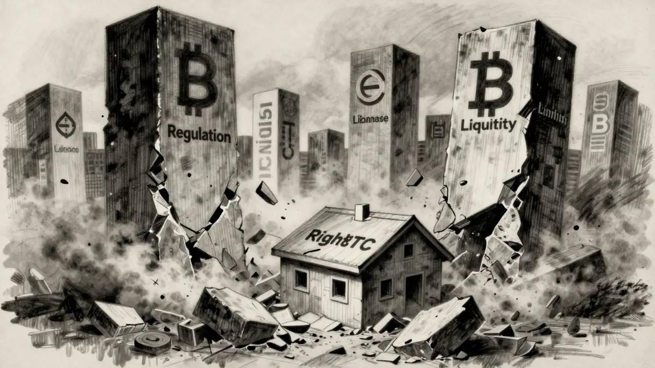Charcoal sketch of a small platform crumbling under regulatory pressure.