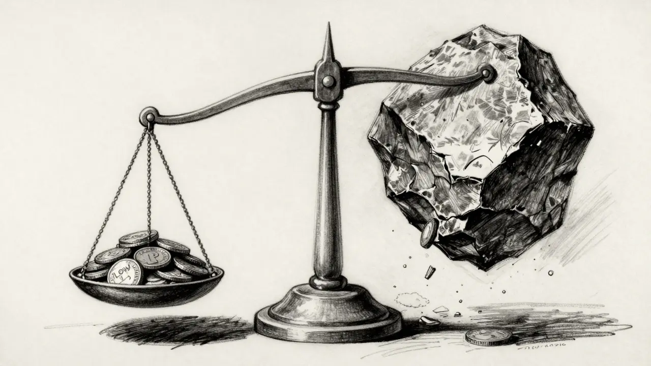 Charcoal sketch of an unstable scale showing low volume vs high risk