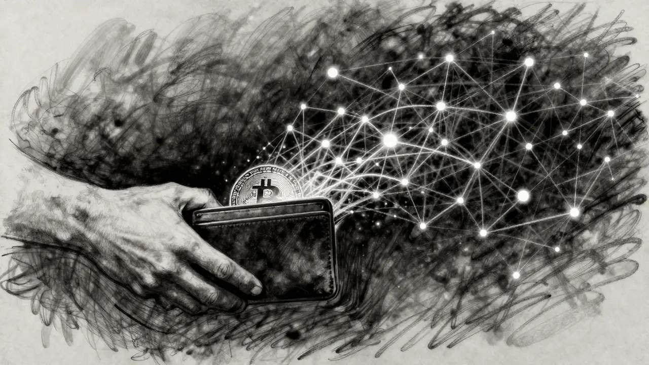 Charcoal sketch of anonymous crypto wallet connecting to dark data web
