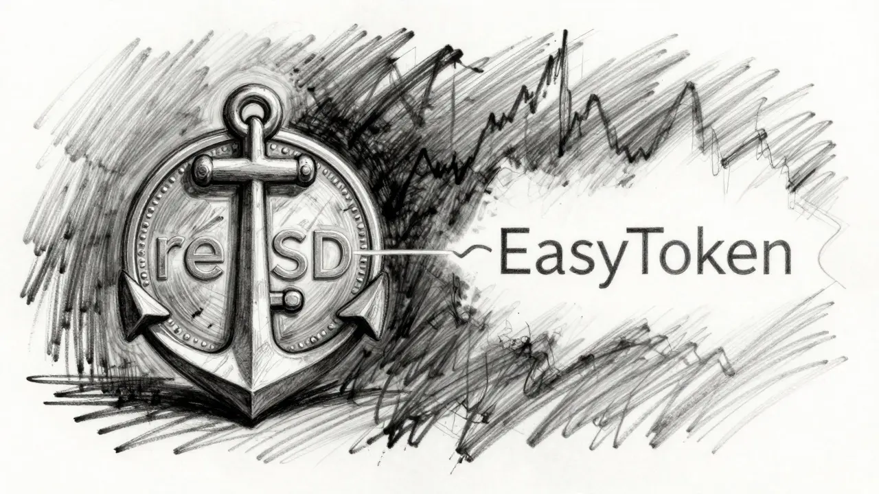 Charcoal sketch of stablecoin anchor vs fragile token tool