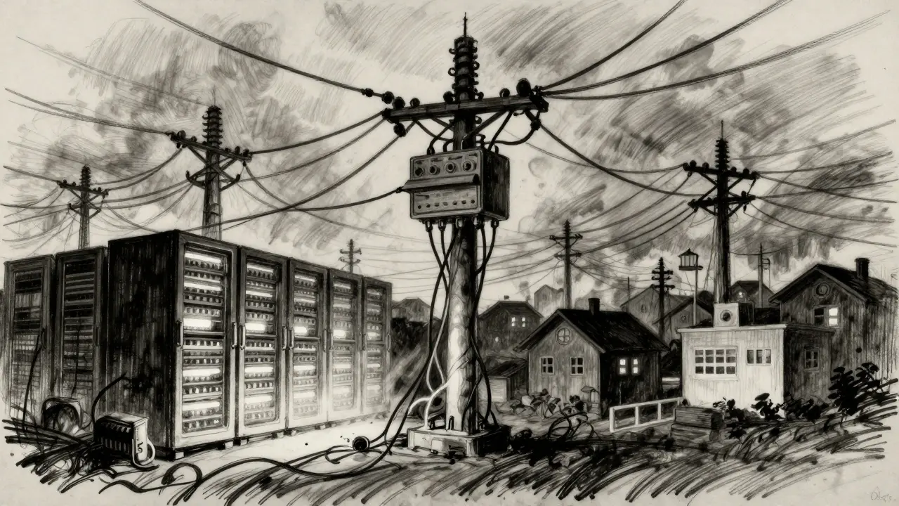 Charcoal sketch showing conflict between crypto mining servers and home power needs