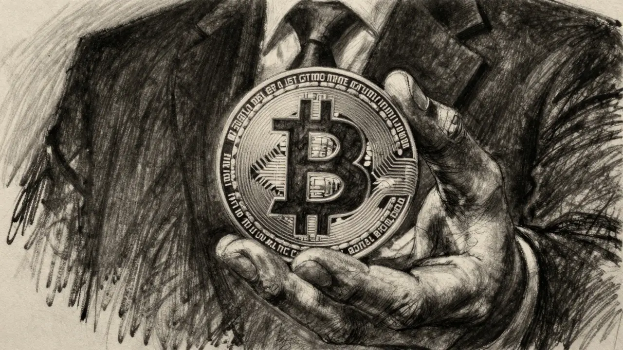 Close-up charcoal drawing of hand holding crypto token