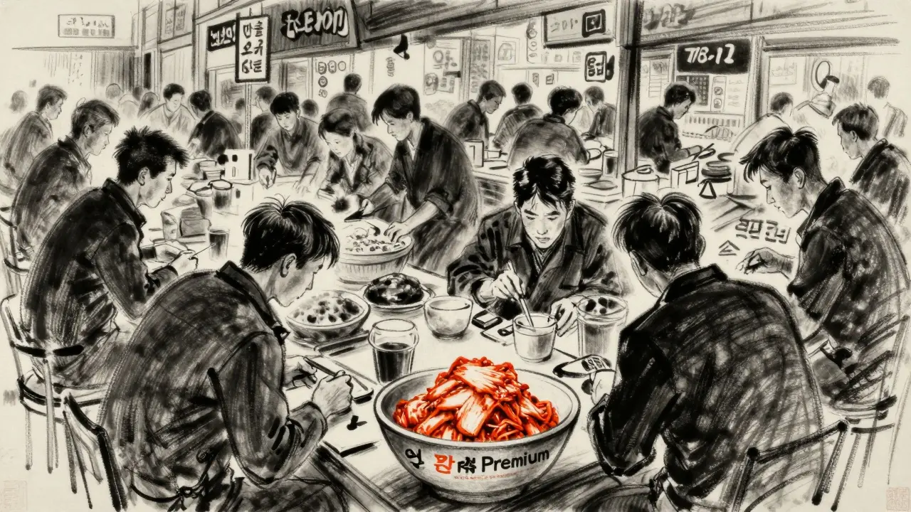 Crowded Korean trading floor with a bowl of kimchi