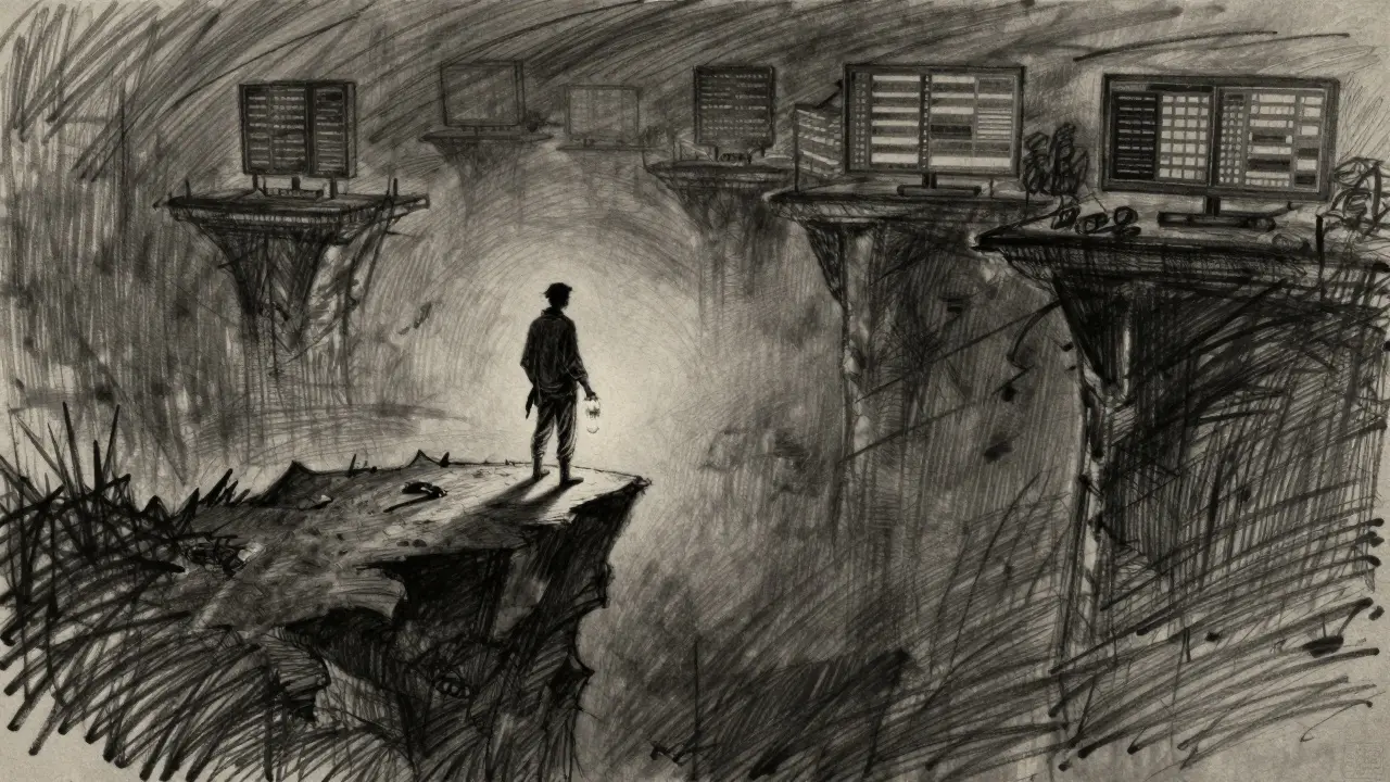 Dark charcoal drawing of a lone trader on a dangerous edge over an abyss.