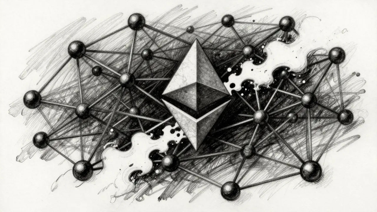 Detailed charcoal sketch of a blockchain network with sections dissolving, showing deflation.