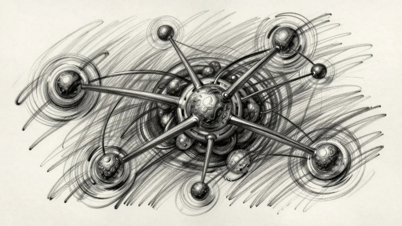 Abstract charcoal drawing of blockchain networks and token flow