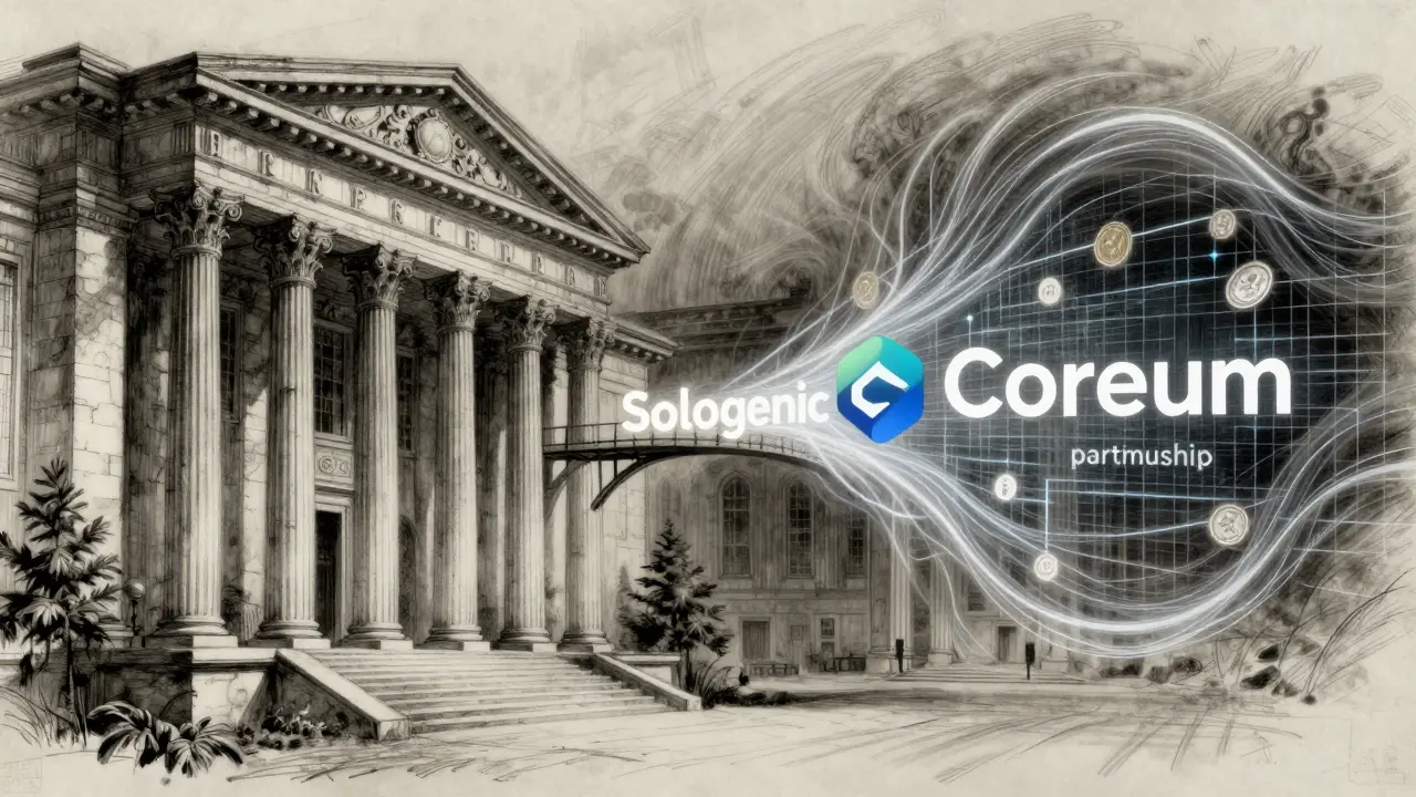 Artistic charcoal blend of traditional finance pillars merging with digital blockchain grids