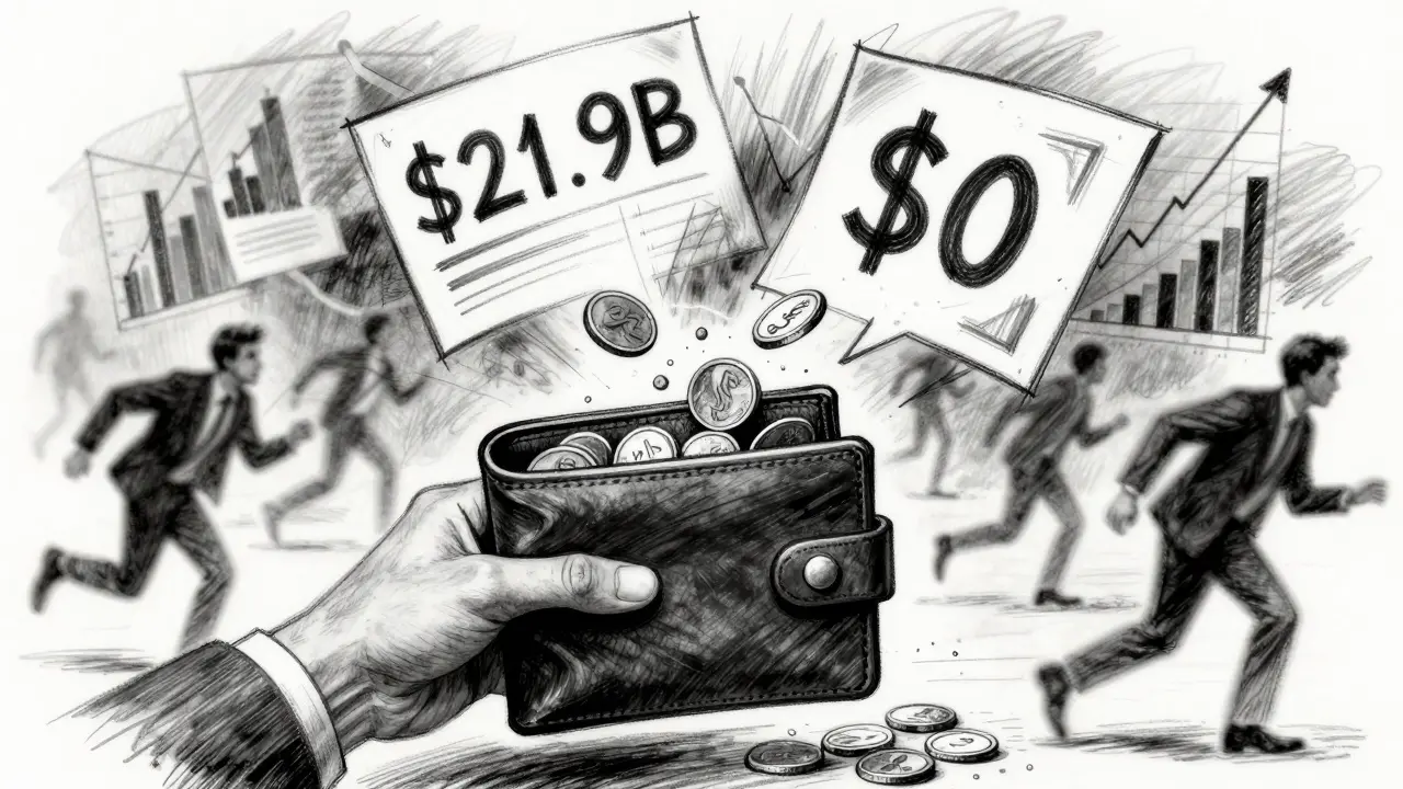 Chaotic charcoal sketch of leaking coins and contradictory financial charts in the air.