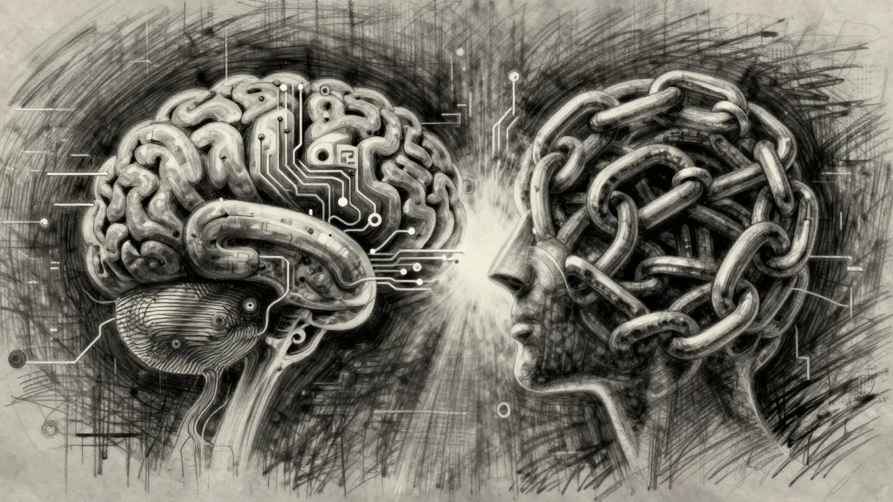 Charcoal art merging AI brain and blockchain links symbolizing tech convergence