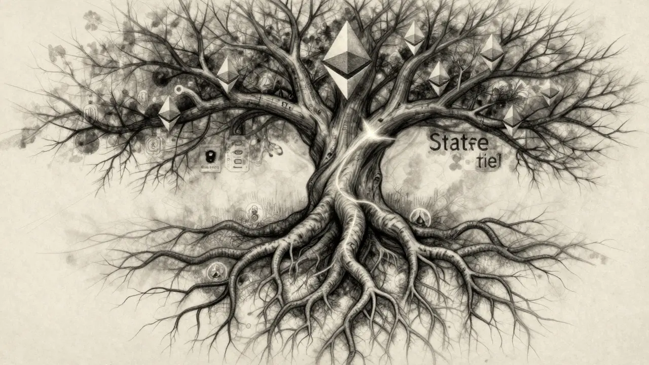Charcoal art of a complex root system representing Ethereum's State Trie