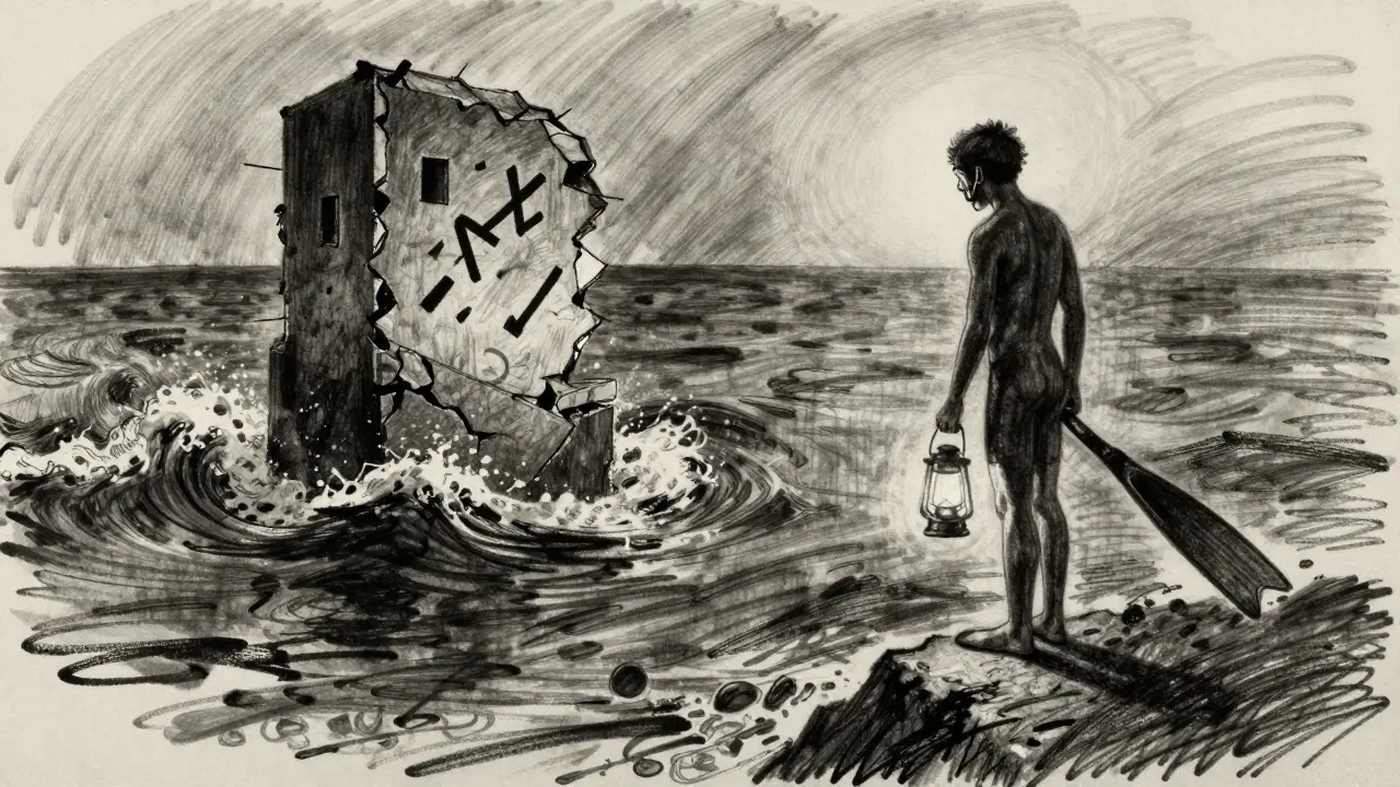 Charcoal art of a diver avoiding a dangerous, crumbling structure in turbulent waters.
