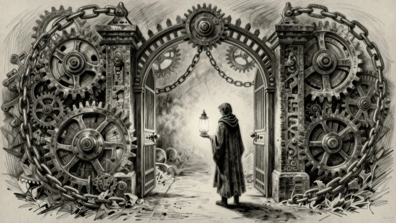 Charcoal art of a figure at a complex mechanical gate symbolizing Web3 risks