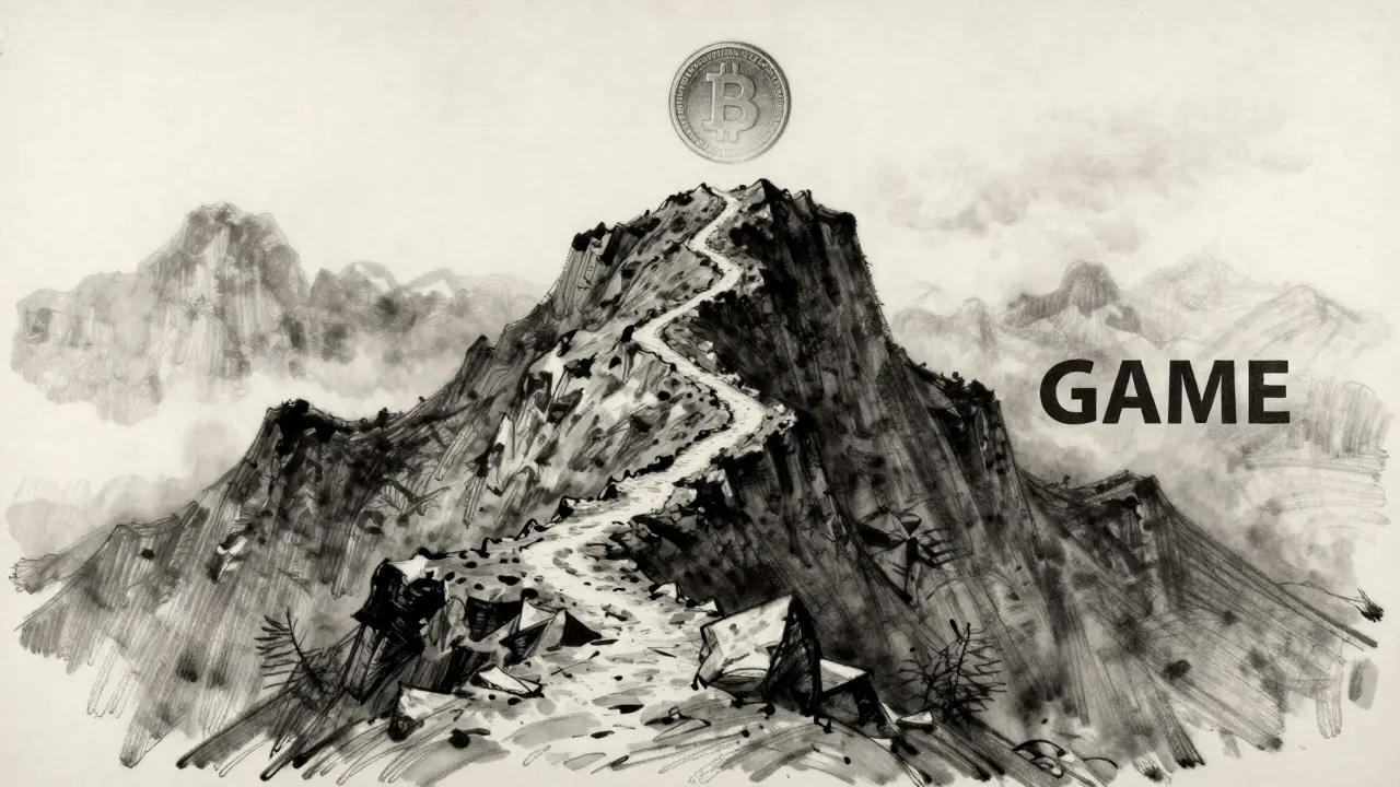 Charcoal art of a volatile mountain peak representing crypto prices