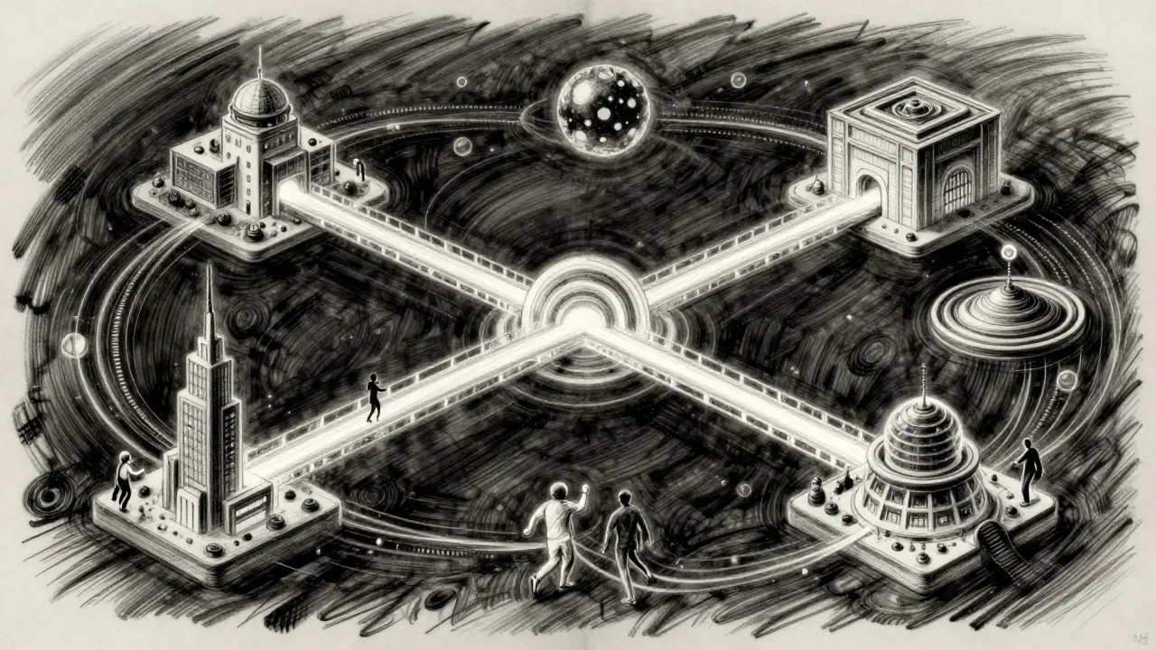 Charcoal art of connected blockchain structures with flowing data bridges