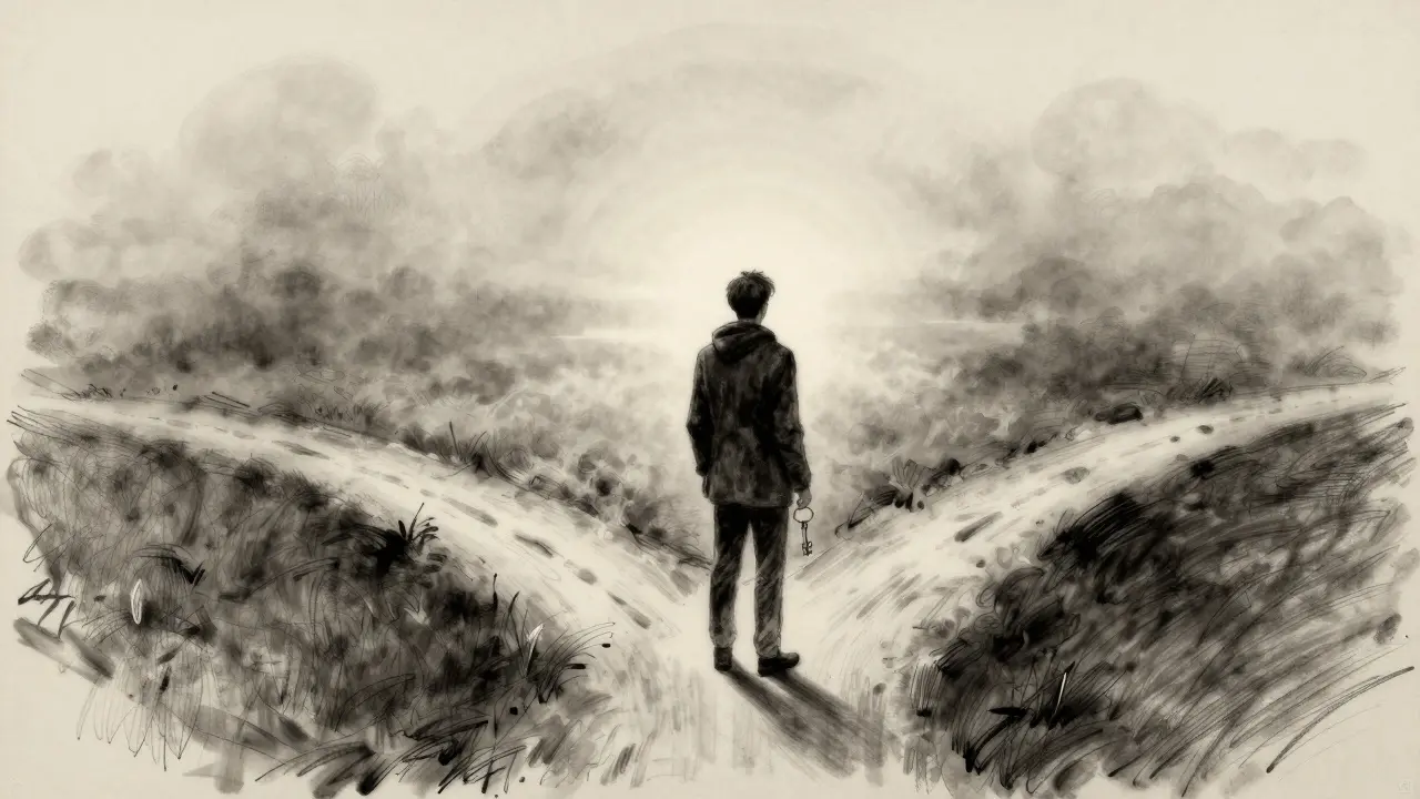 Charcoal art of figure at crossroads in misty terrain