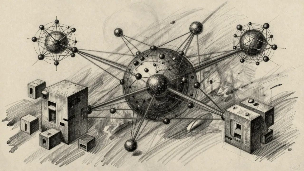 Charcoal art of interconnected nodes representing future crypto bridges