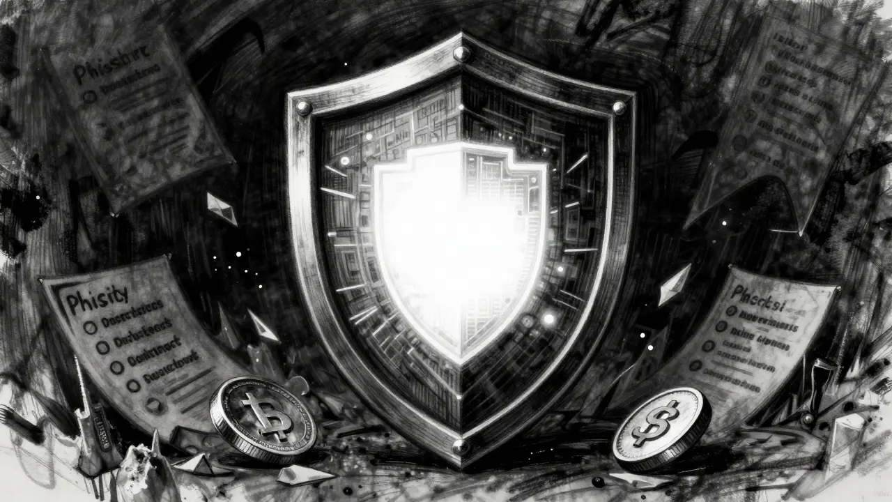 Charcoal art of shield protecting crypto assets from surrounding scam threats