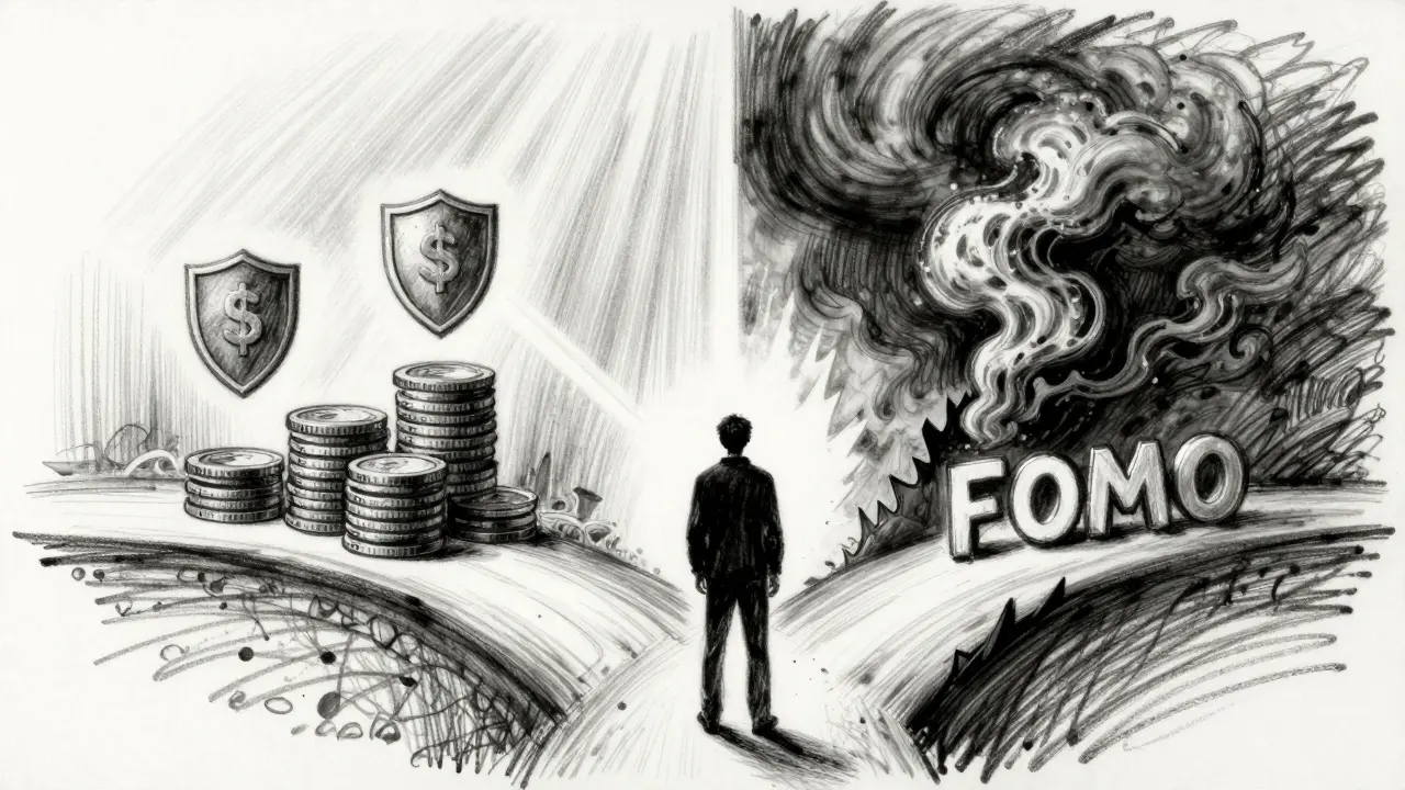 Charcoal art showing a figure choosing between safe and risky paths
