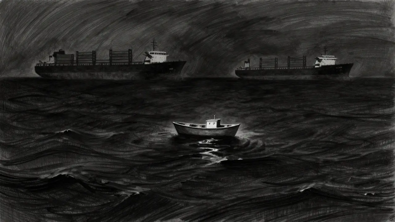 Charcoal art showing a small boat isolated in a vast dark sea