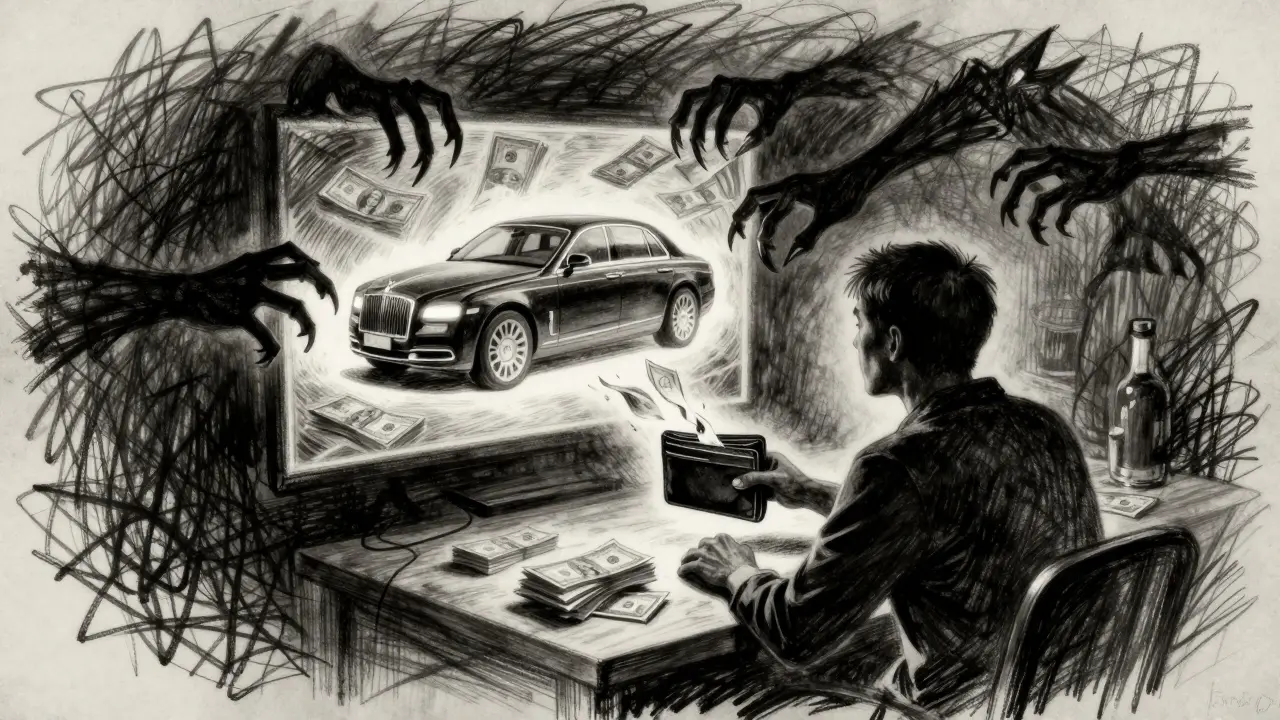 Charcoal art showing a victim lured by fake wealth while claws steal their wallet
