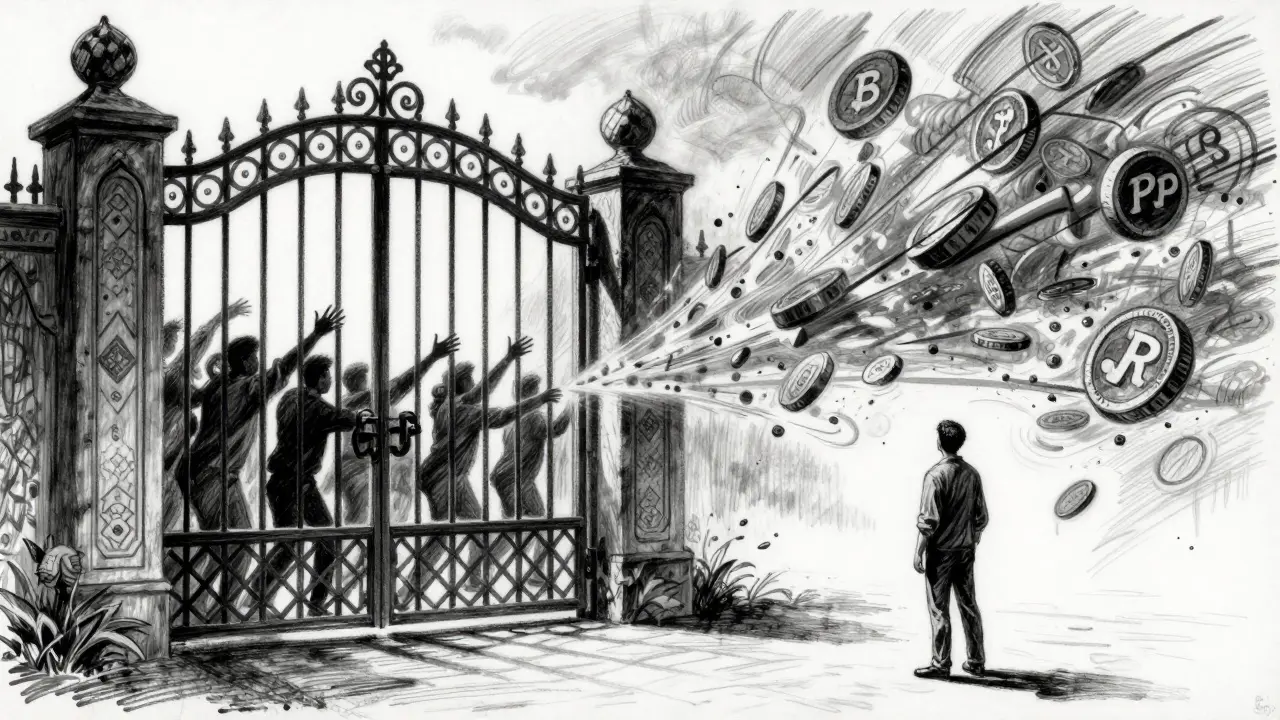 Charcoal art showing barred gate vs open sky for crypto trading