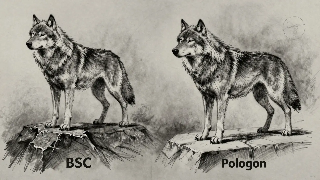 Charcoal art showing two wolves on different platforms representing BSC and Polygon