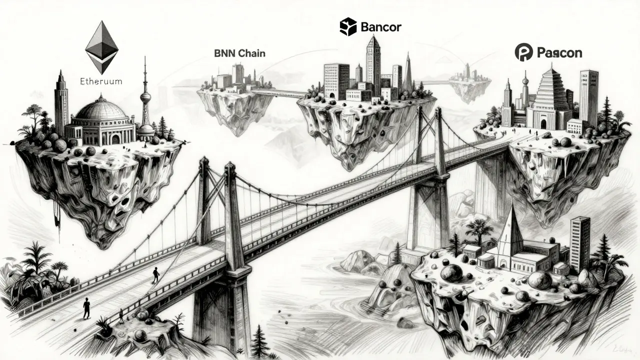 Charcoal drawing of a bridge connecting different blockchain islands