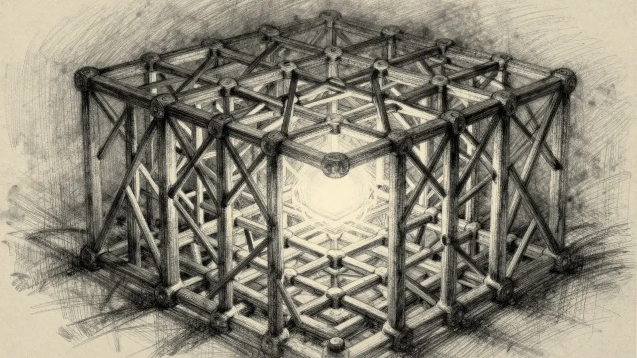Charcoal drawing of a complex lattice grid protecting a glowing core, representing quantum-resistant security.