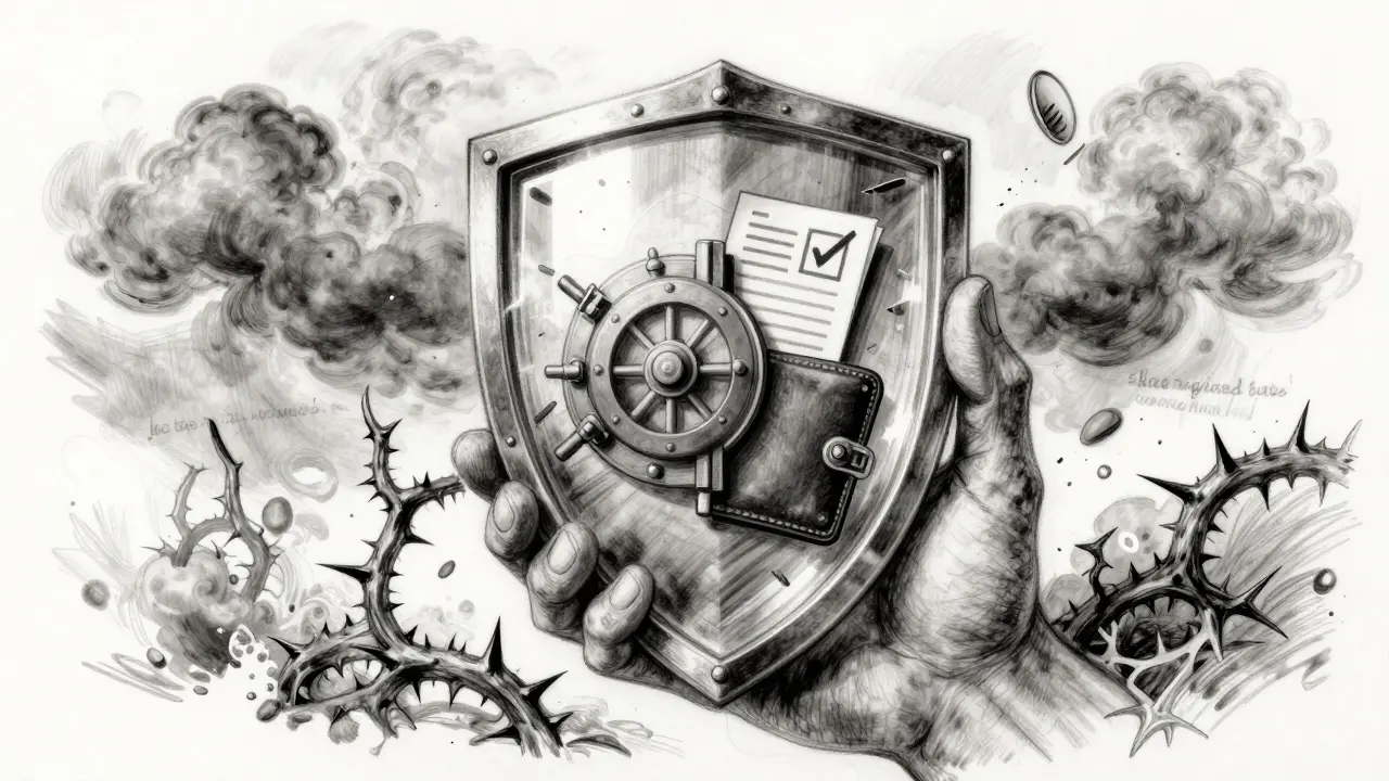 Charcoal drawing of a glass shield protecting financial assets from dark threats