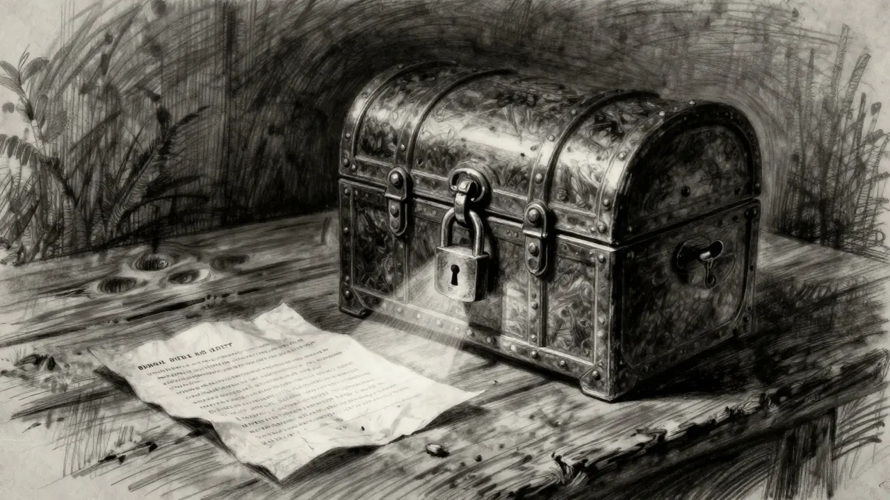 Charcoal drawing of a locked chest representing secure crypto wallets
