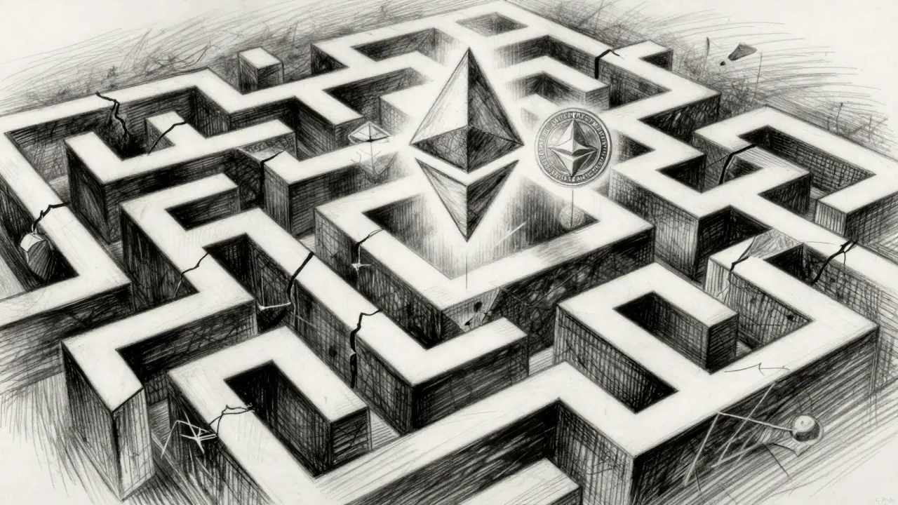 Charcoal drawing of a maze representing fragmented crypto contracts