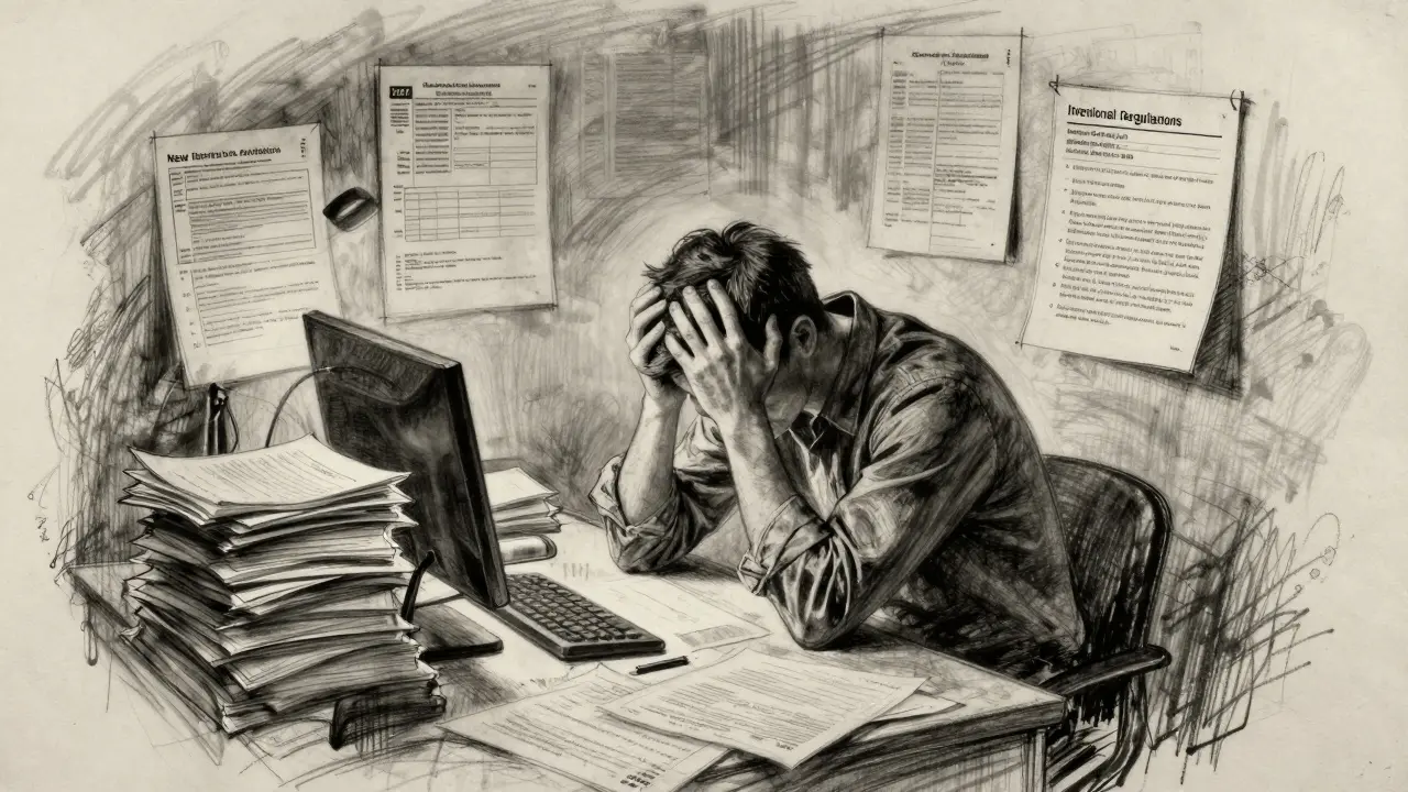 Charcoal drawing of a stressed person surrounded by tax documents and ledgers.