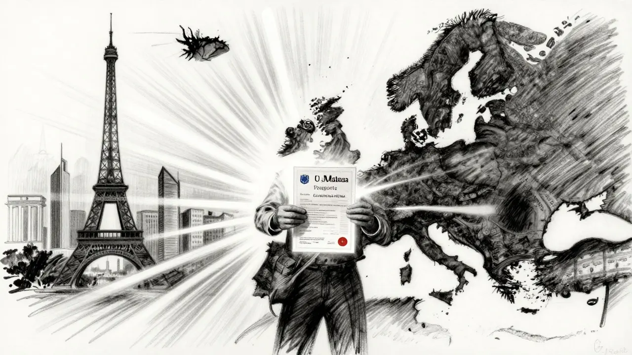 Charcoal drawing showing a license connecting Malta to various European city skylines.