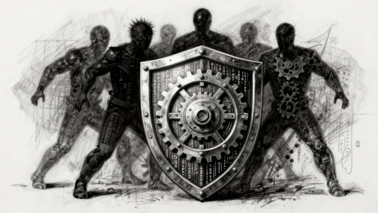 Charcoal illustration of a gear-shaped shield protecting a vault from shadowy threats.