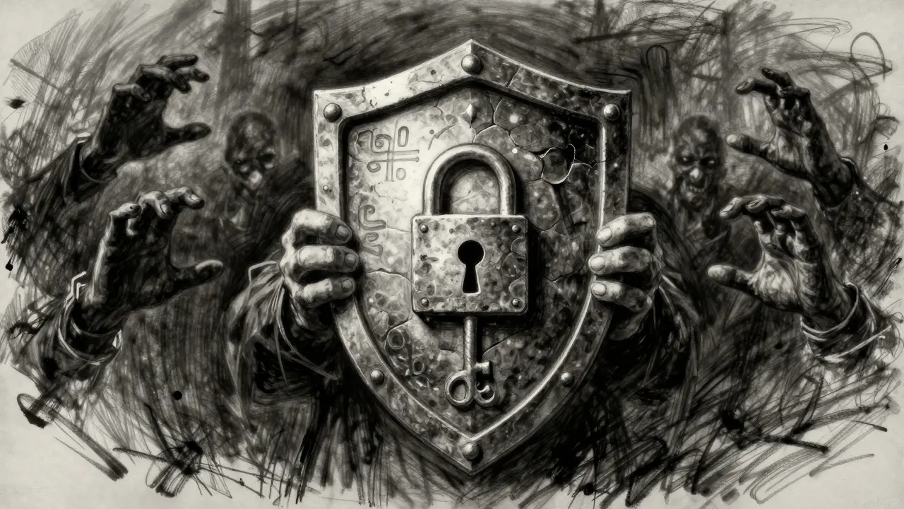 Charcoal illustration of a protective shield blocking dark silhouettes representing crypto scams