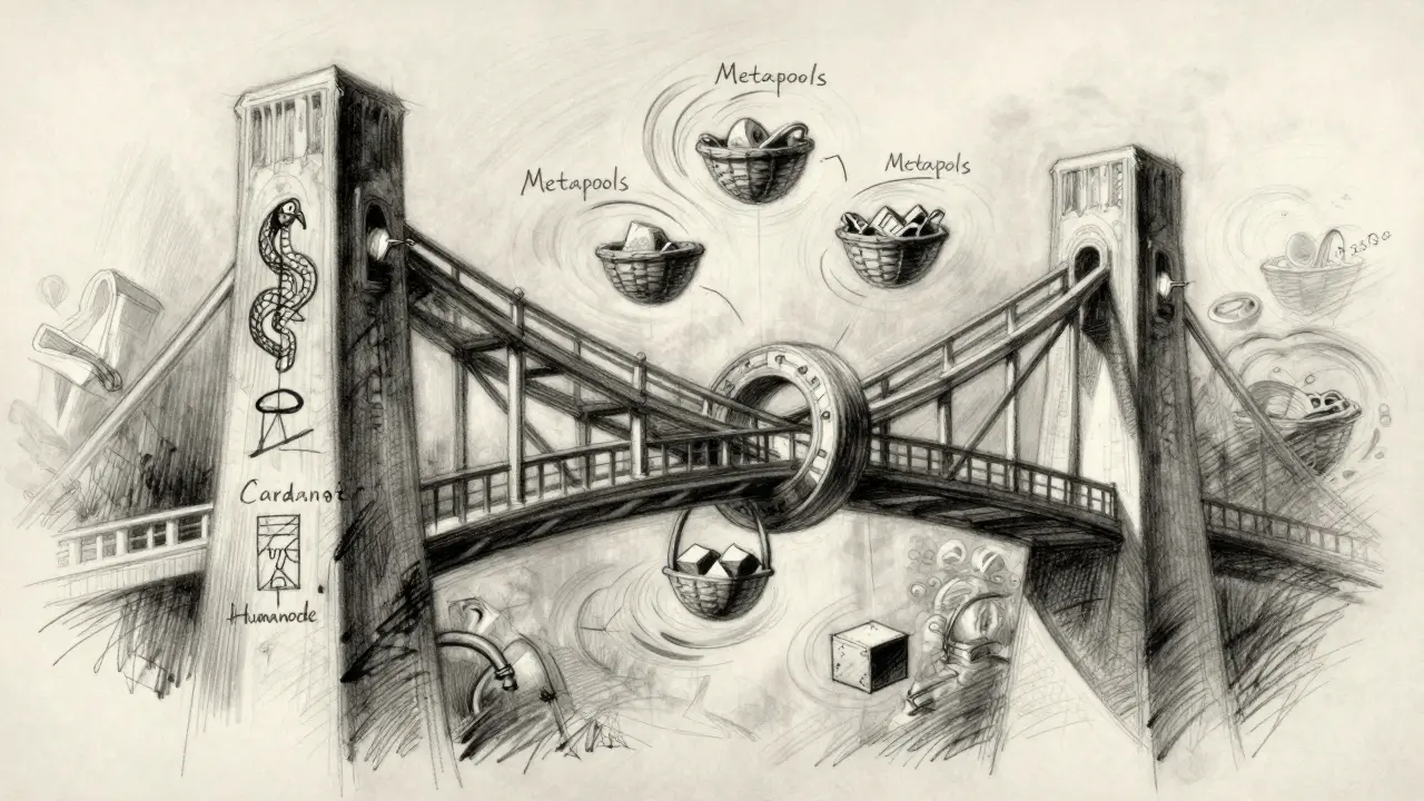 Charcoal sketch of a bridge connecting Cardano and Humanode chains with floating metapools.