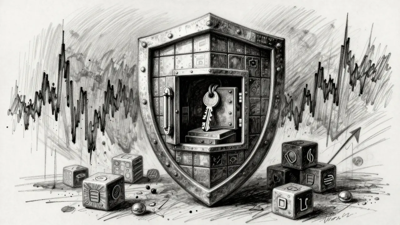 Charcoal sketch of a digital shield protecting assets from market volatility