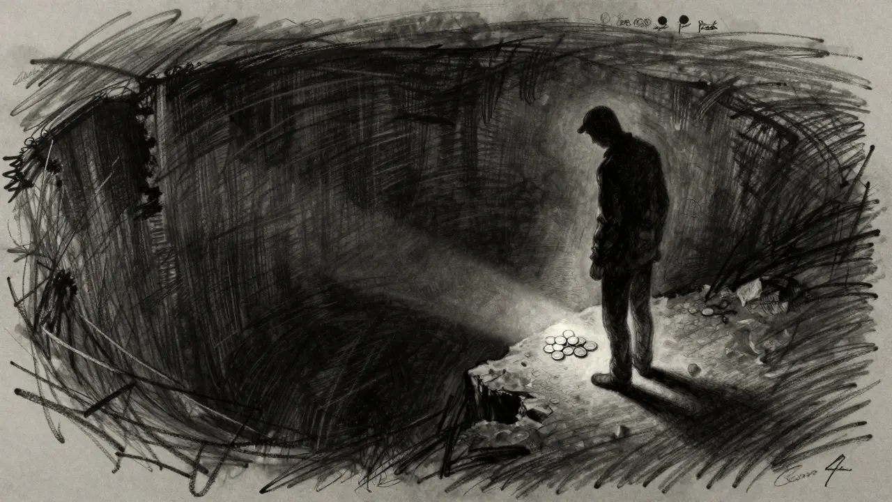 Charcoal sketch of a figure overlooking a tiny pile of coins in a dark abyss