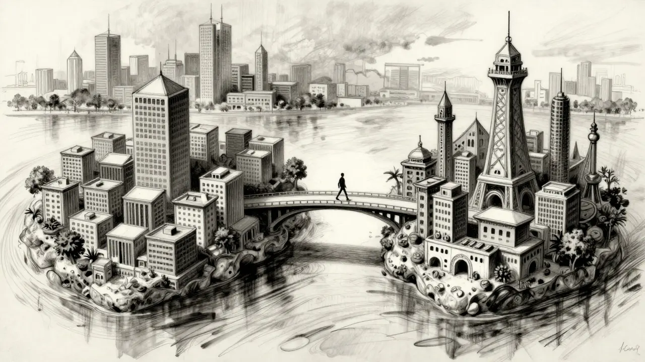 Charcoal sketch of a hybrid bridge connecting standardized and custom blockchain islands