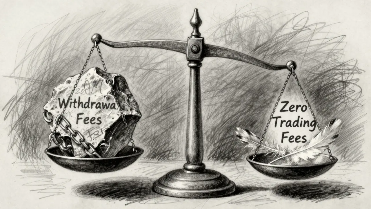 Charcoal sketch of a scale tipping under heavy withdrawal fees
