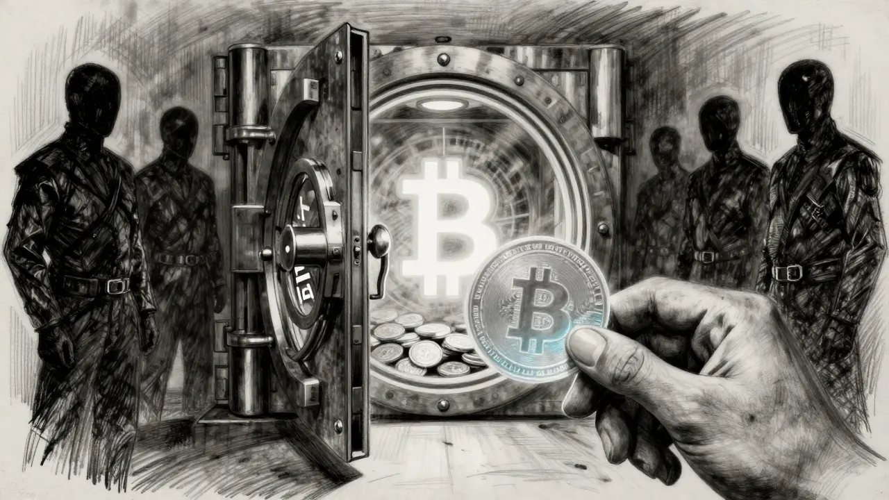 Charcoal sketch of a vault holding Bitcoin with a wrapped token receipt