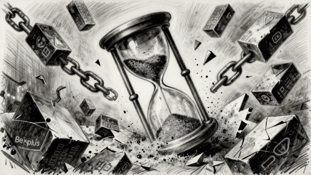 Charcoal sketch of broken digital blocks and an hourglass symbolizing exchange collapse.